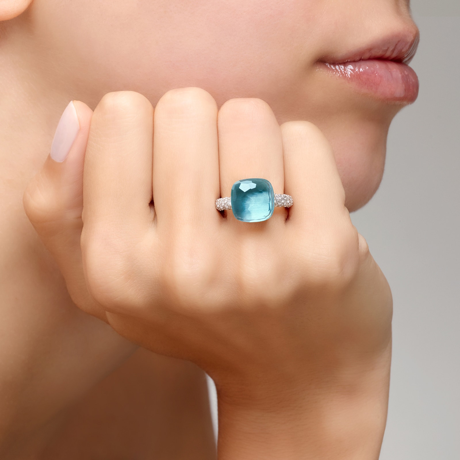 Pomellato Nudo Maxi 18ct White & Rose Gold Blue Topaz & 0.70ct Diamond Ring - Ring Size P Pomellato Nudo Maxi 18ct White & Rose Gold Blue Topaz & 0.70ct Diamond Ring - Ring Size P