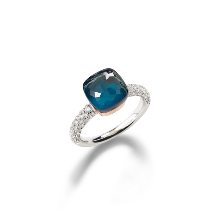 Pomellato 18K White & Rose Gold Nudo Classic Diamond, London Blue Topaz & Turquoise Ring - Size 6.75