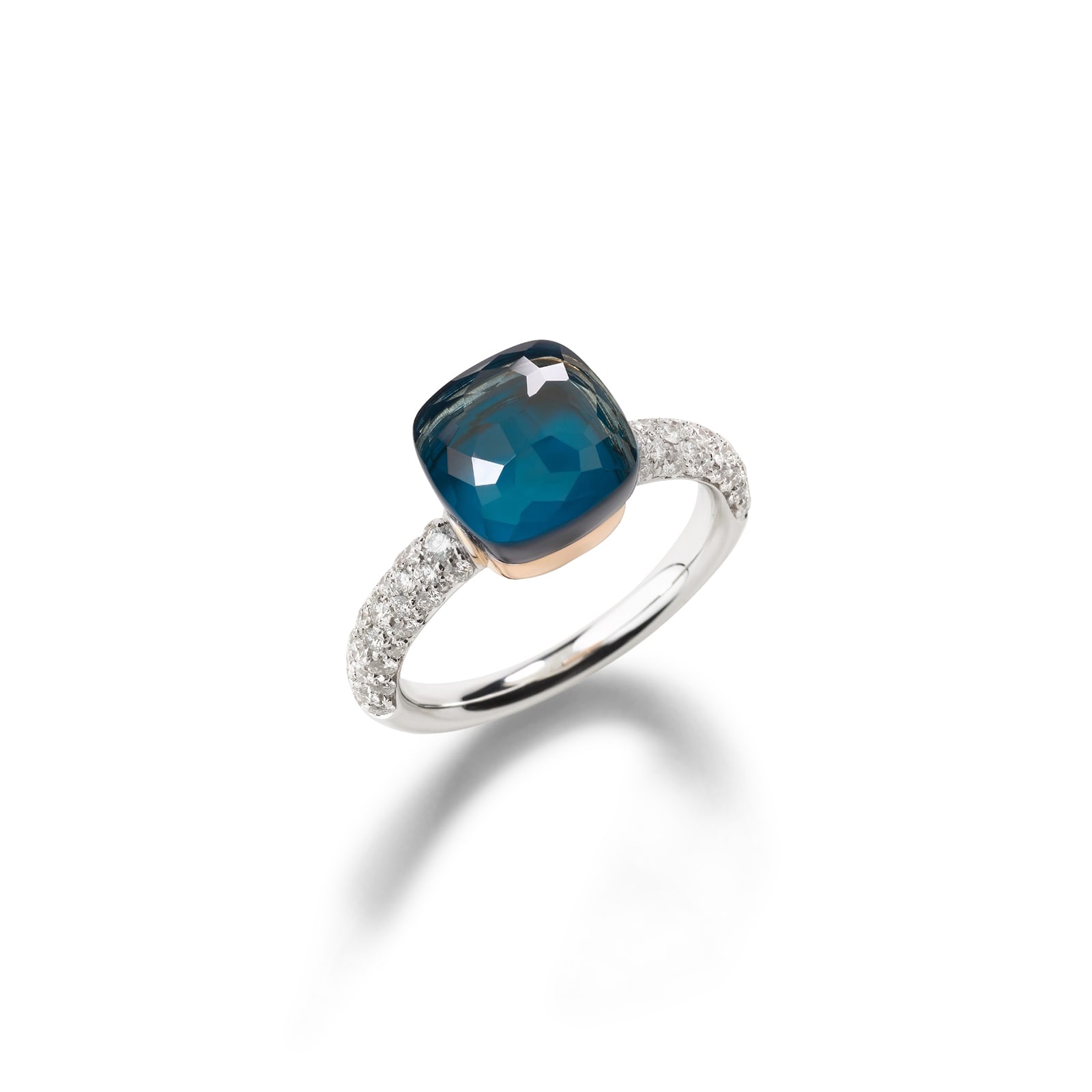 Pomellato 18K White & Rose Gold Nudo Classic Diamond, London Blue Topaz & Turquoise Ring - Size 6.75