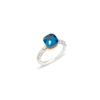 Pomellato 18ct White Gold Nudo Petit London Blue Topaz & 0.40ct Diamond Ring