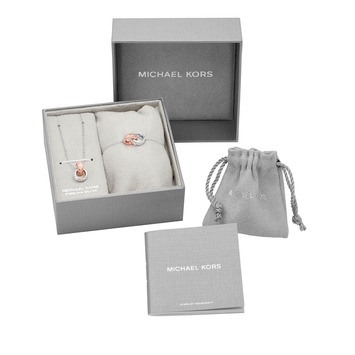 Michael Kors Two Tone Sterling Silver Interlocking Ring Necklace & Bracelet Set