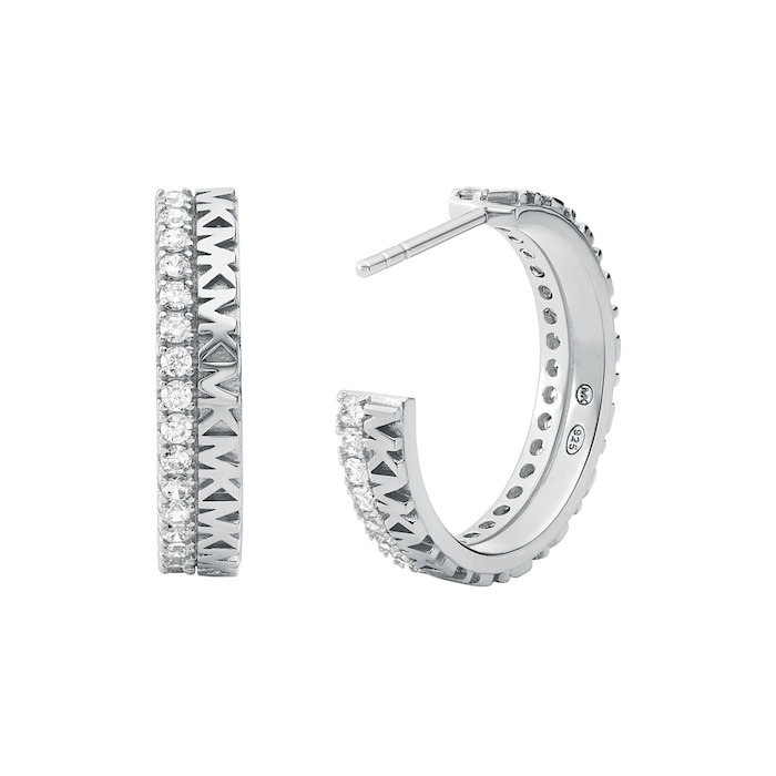 Michael Kors Sterling Silver MK Logo Crystal Hoop Earrings