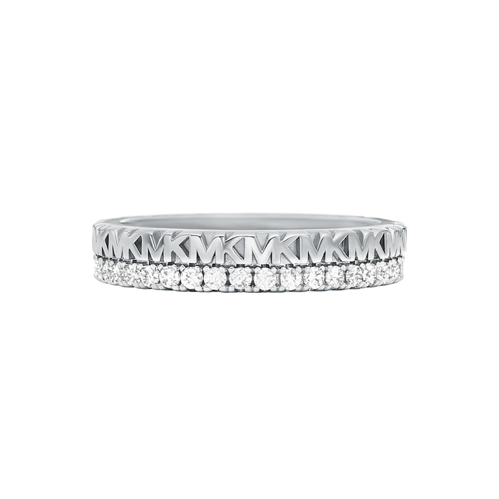 Michael Kors Ladies Sterling Silver Cubic Zirconia MK Logo Band Ring