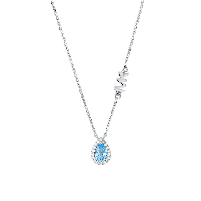 Michael Kors Silver Pear Shaped Blue Crystal Necklace