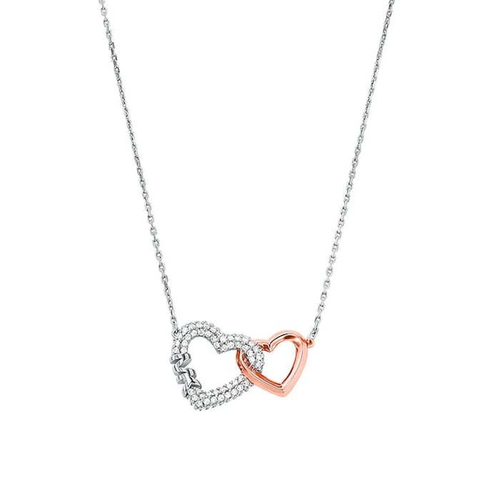 Michael Kors Sterling Silver & Rose Gold Coloured Pave Interlocking Heart Necklace