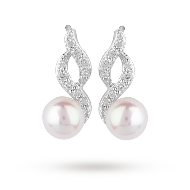 Goldsmiths Silver Fresh Water Pearl and Cubic Zirconia Swoop Drop Earrings