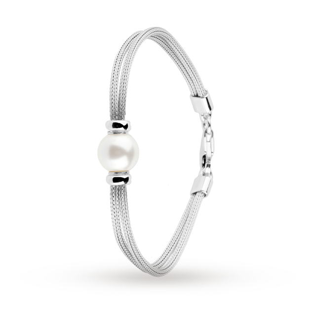Goldsmiths Rhodium Plated Silver and 10mm Fresh Water Pearl Mesh Bracelet