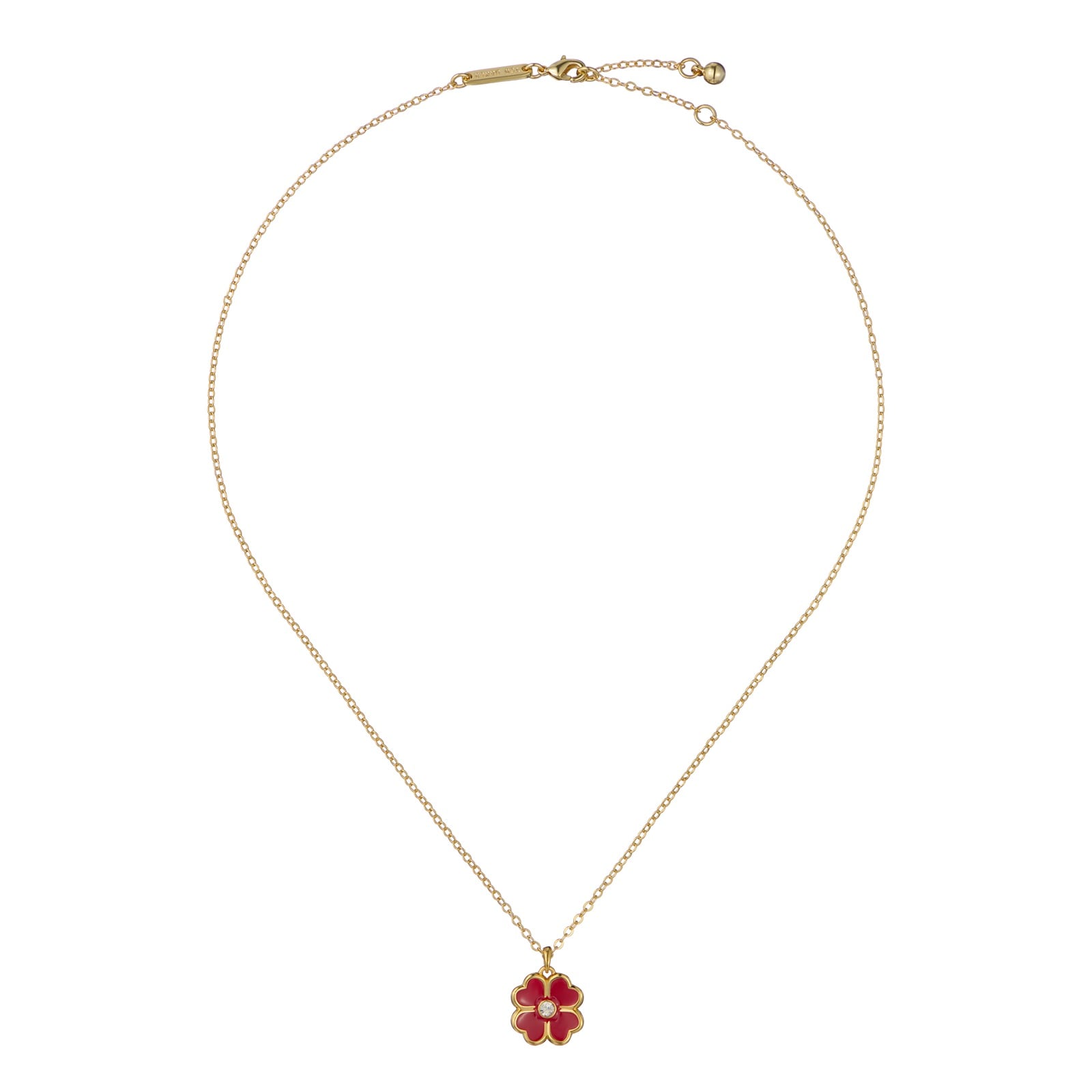 Ted Baker Yellow Gold Coloured Fern Red Enamel Flower Crystal Pendant Necklace