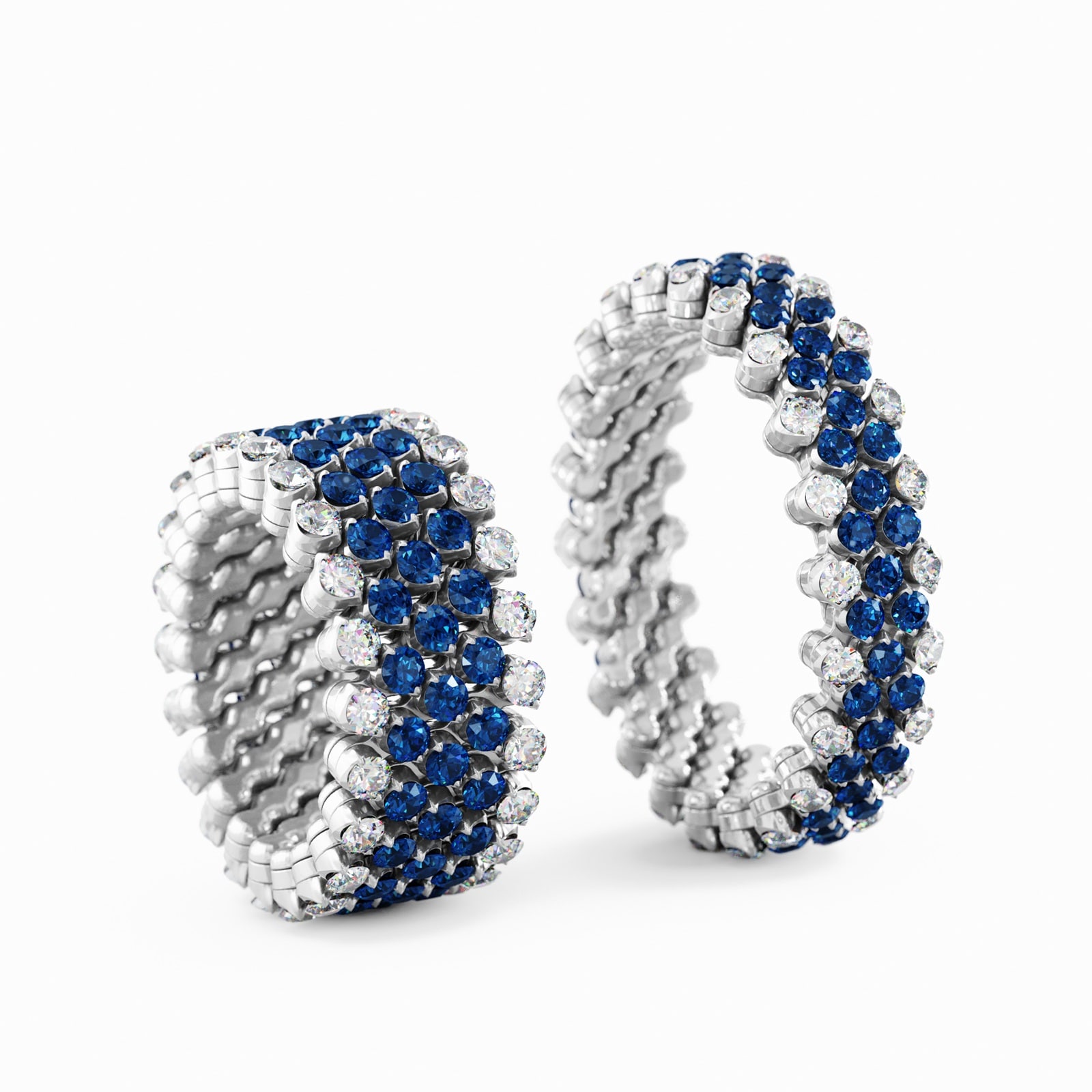 Serafino Consoli 18K White Gold 0.82cttw Diamond & 1.57cttw Blue Sapphire 5 Row Expandable Ring