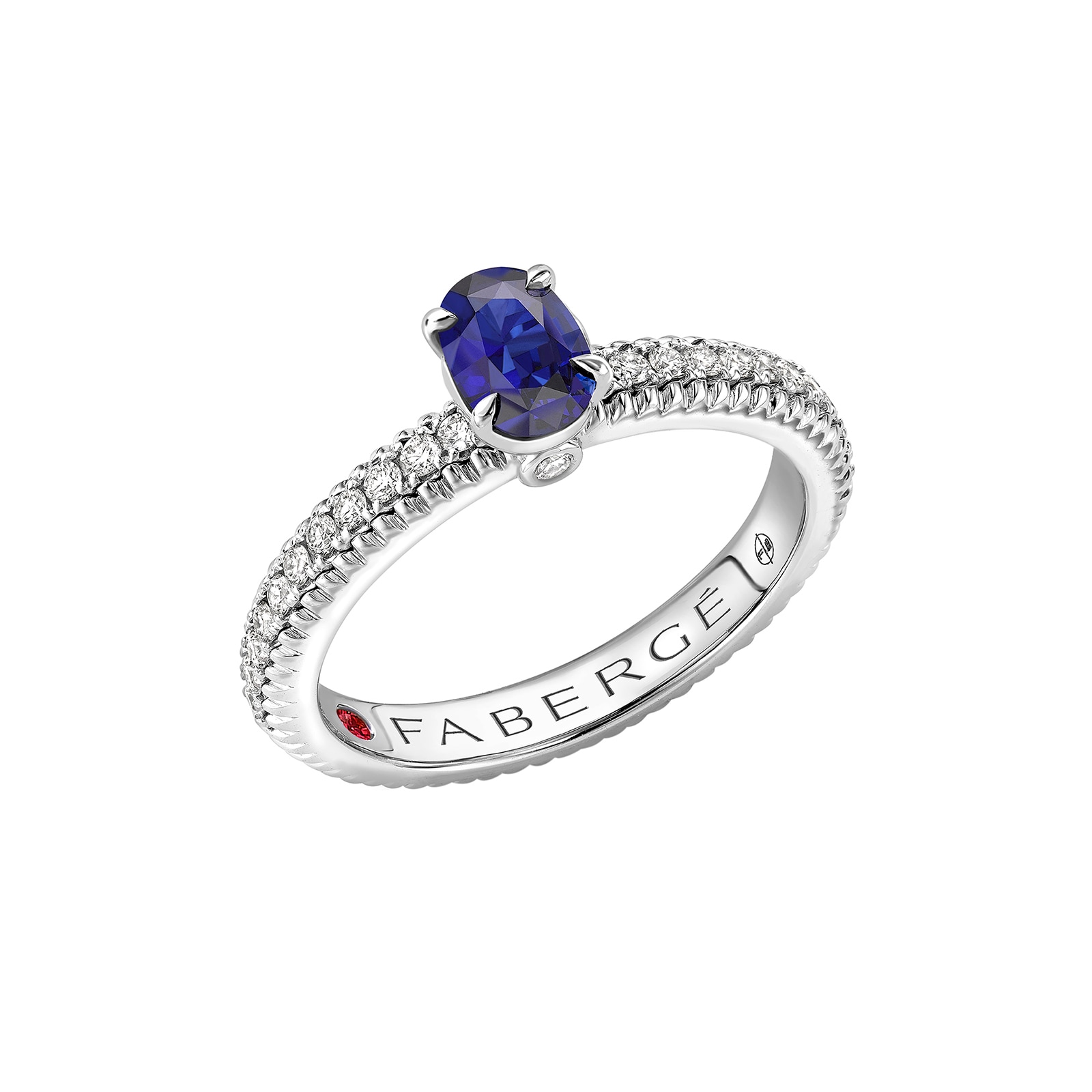 Fabergé Colours of Love 18ct White Gold Blue Sapphire Fluted ring with Diamond Shoulders