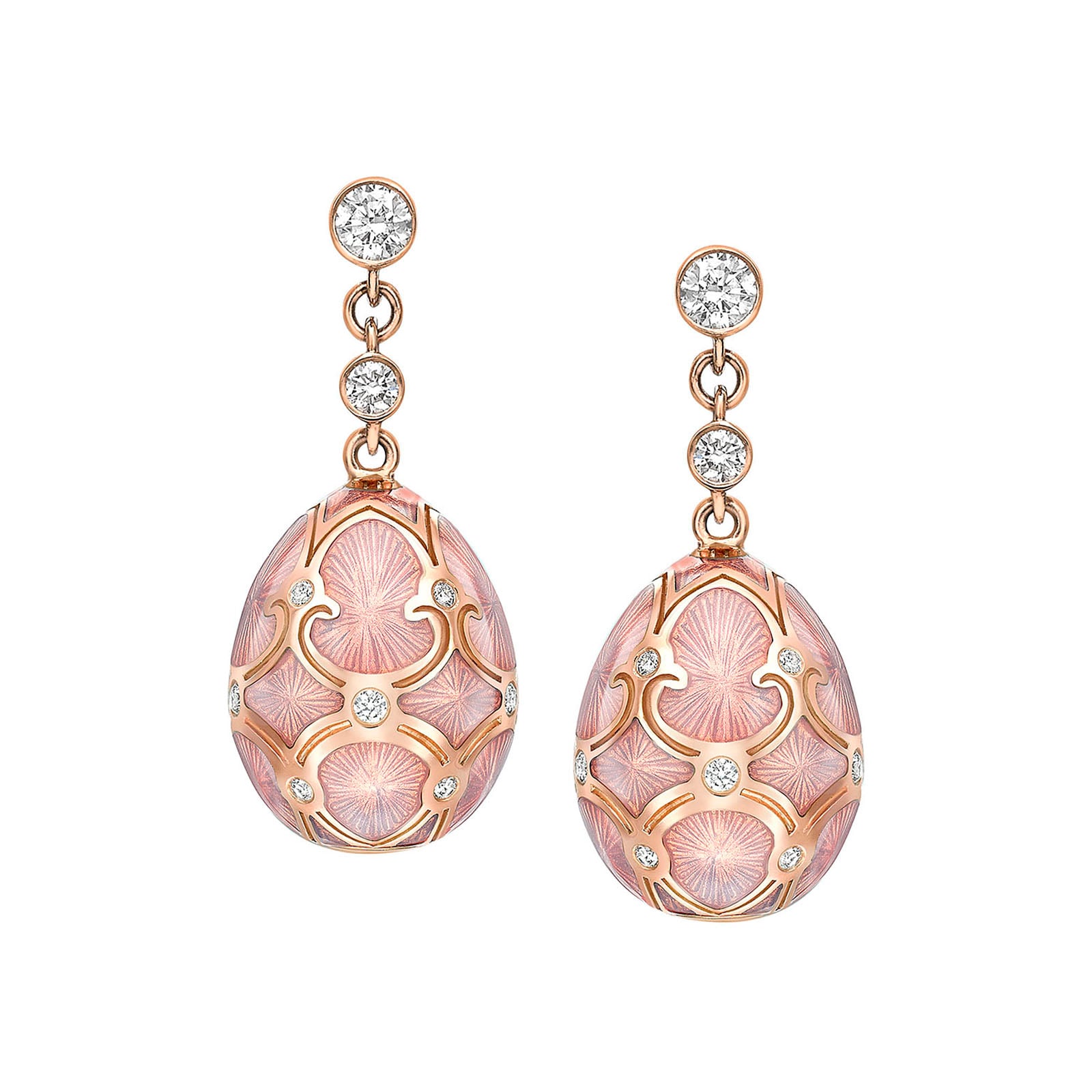 Faberge Essence 18ct Rose Gold Diamond & Pink Enamel Egg Drop Earrings