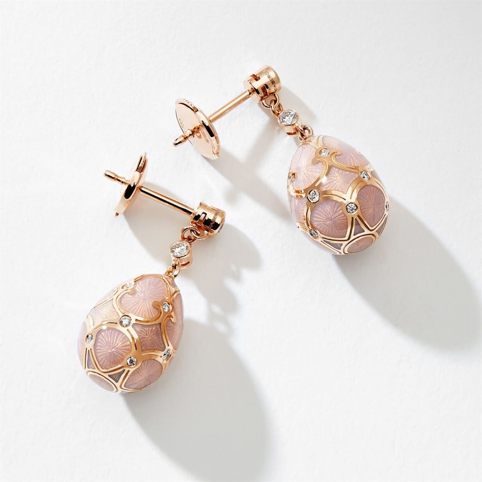 Fabergé Heritage 18ct Rose Gold Diamond & Pink Enamel Egg Drop Earrings