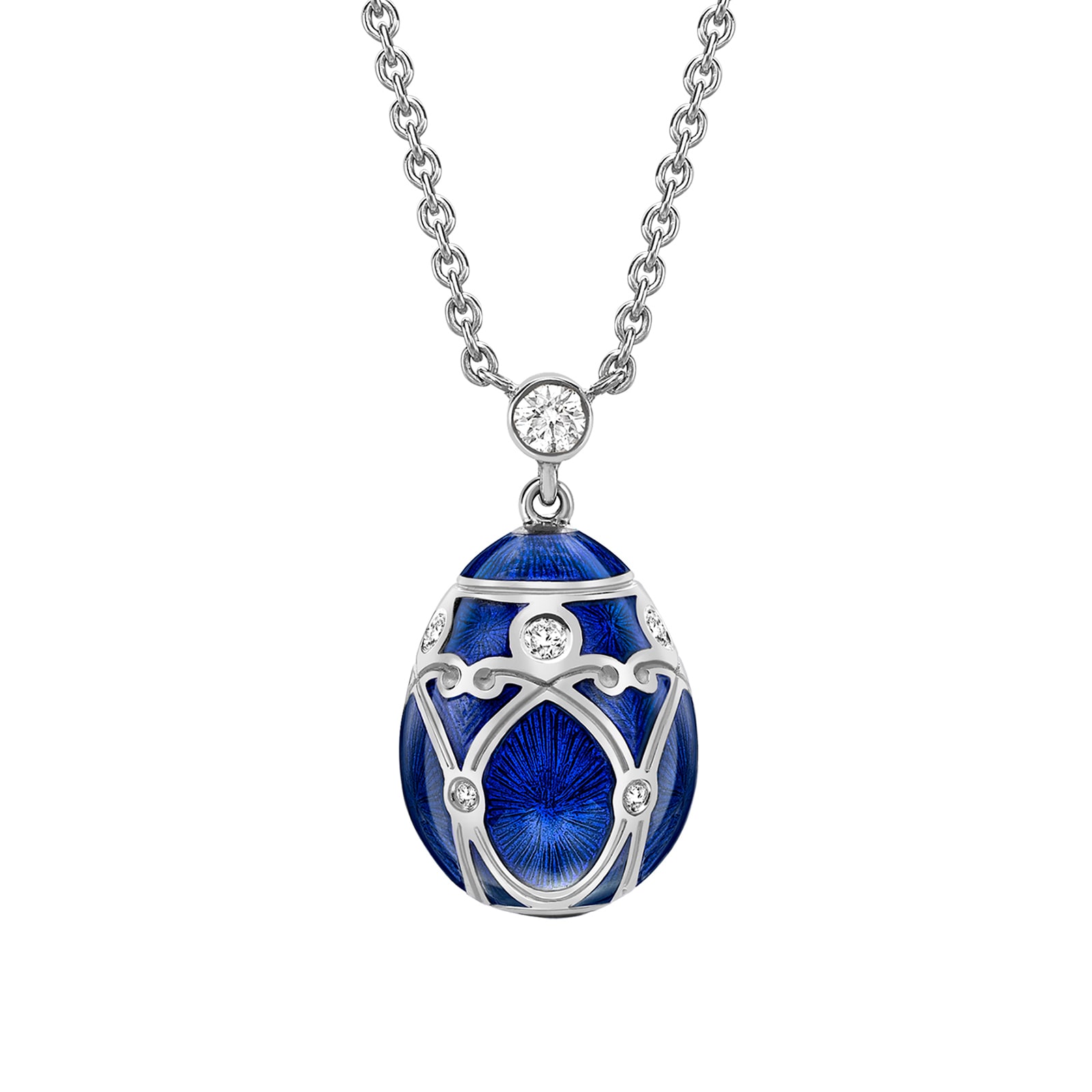 Fabergé Heritage 18ct Palais White Gold Diamond & Royal Blue Enamel Petite Egg Pendant