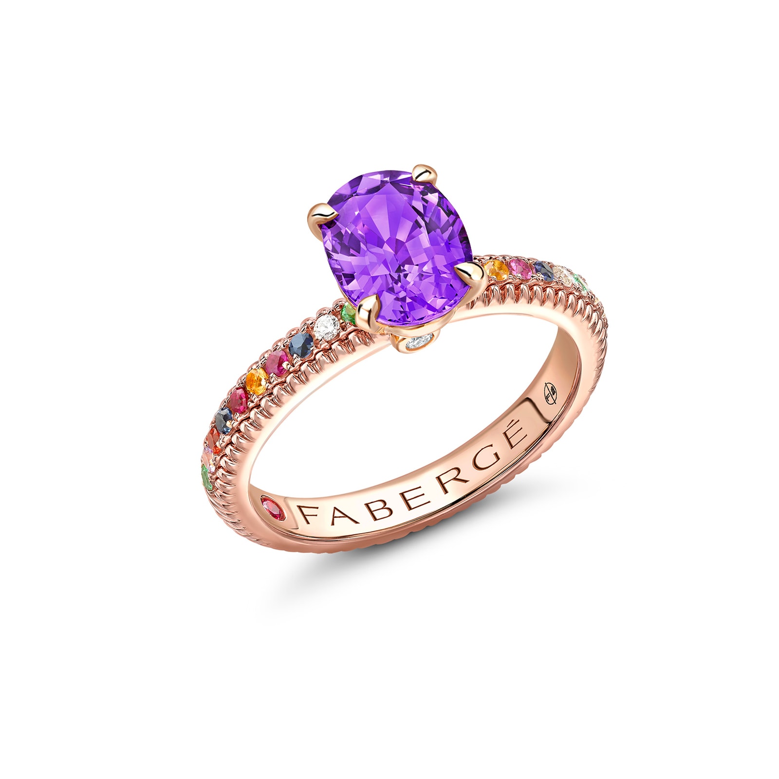 Fabergé Colours of Love 18ct Rose Gold Purple Sapphire Fluted Ring with Mulitcoloured Gemstone Shoulders