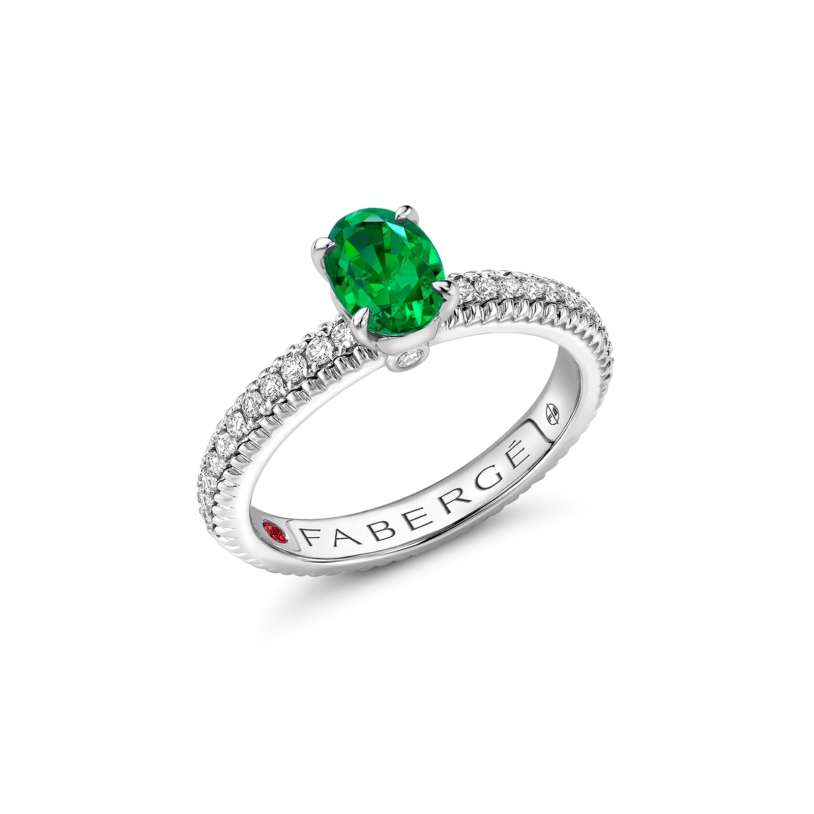 Fabergé Colours of Love 18ct White Gold Emerald Fluted Ring with Diamond Set Shoulders