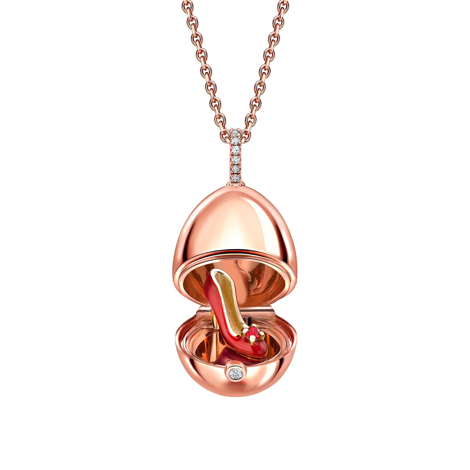 Fabergé Fabergé Essence 18ct Rose Gold Red Lacquer & Ruby Set Shoe Surprise Locket