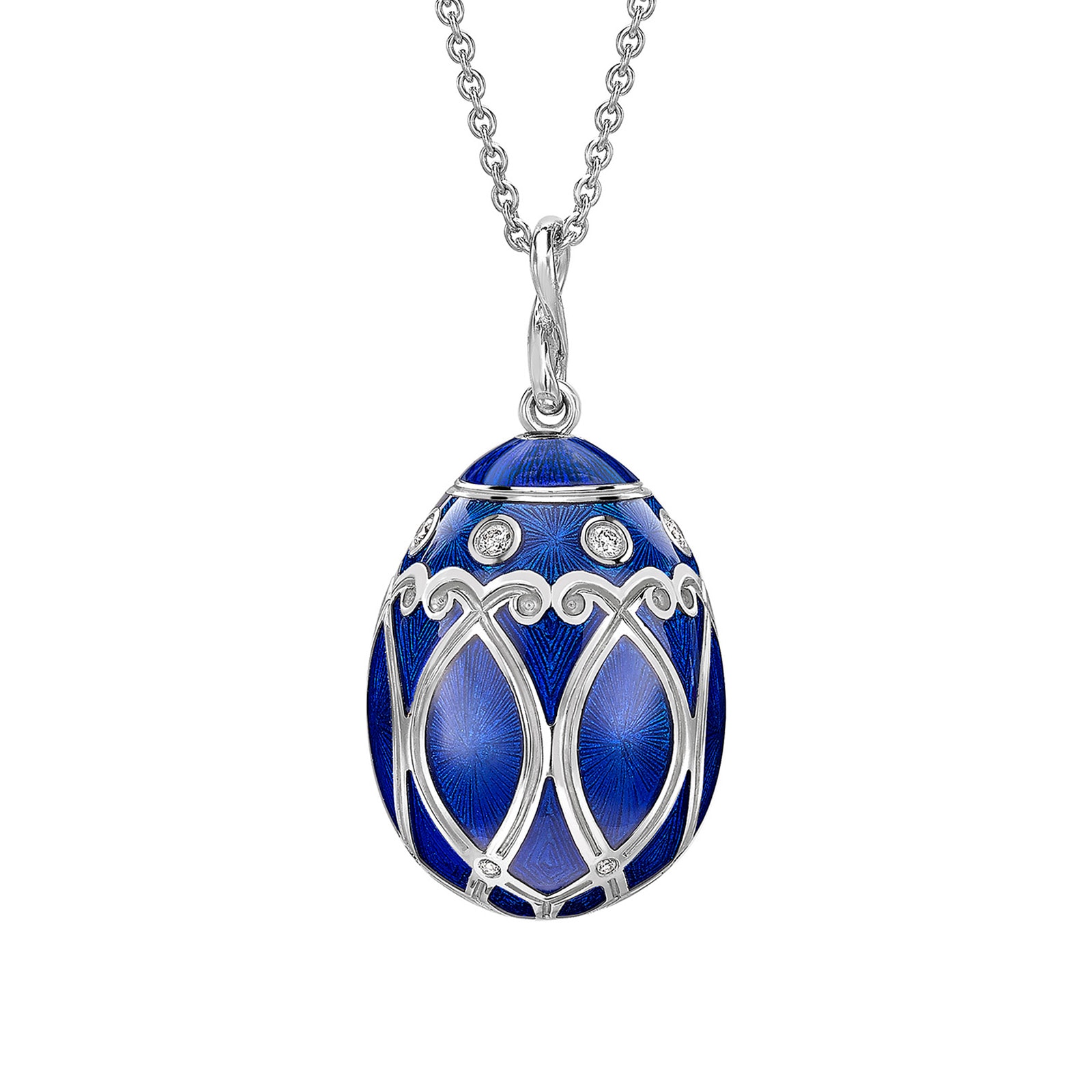 Fabergé Heritage Palais 18ct White Gold Diamond & Royal Blue Guilloché Enamel Egg Pendant