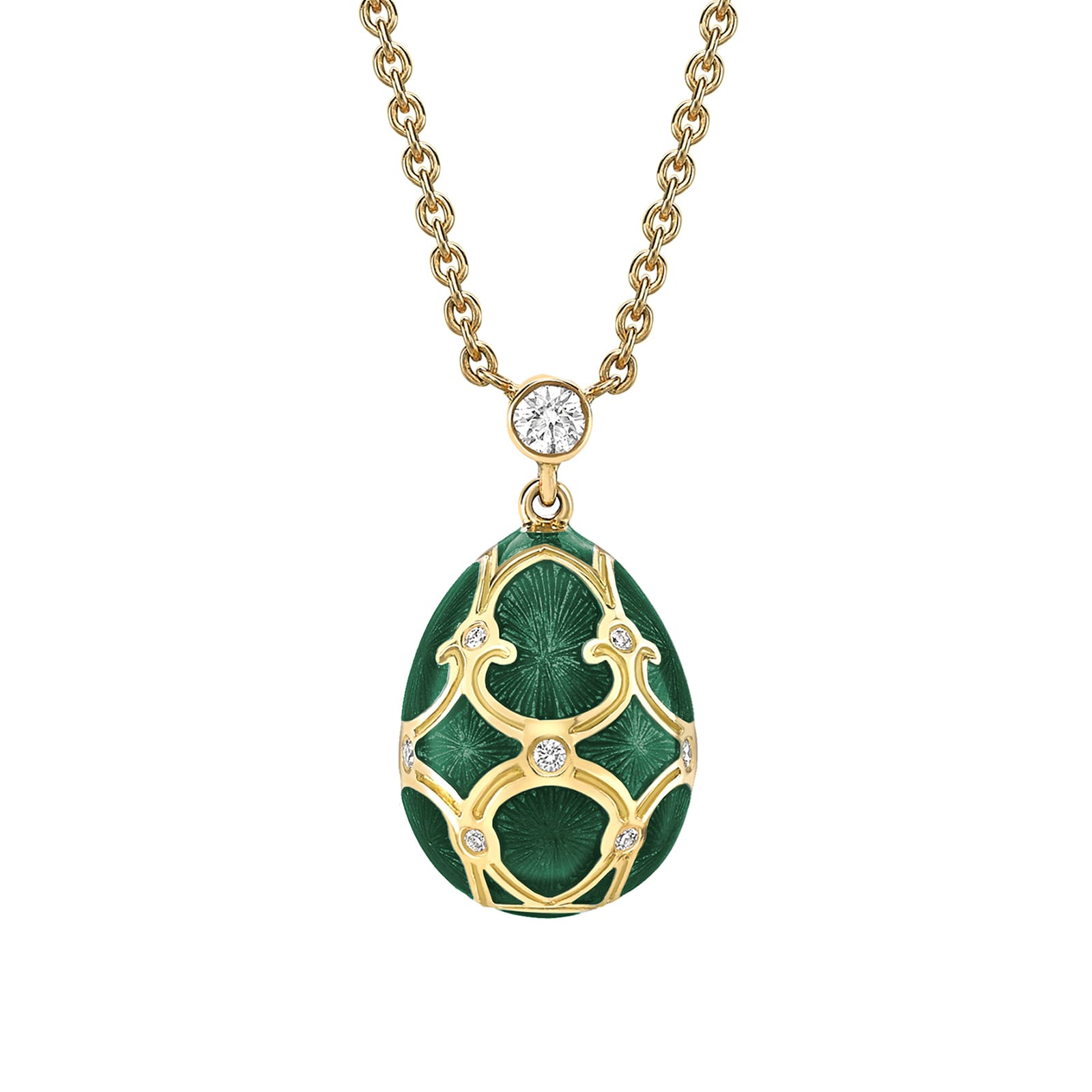 Heritage 18ct Yellow Gold Diamond & Green Guilloché Enamel Petit Egg Pendant