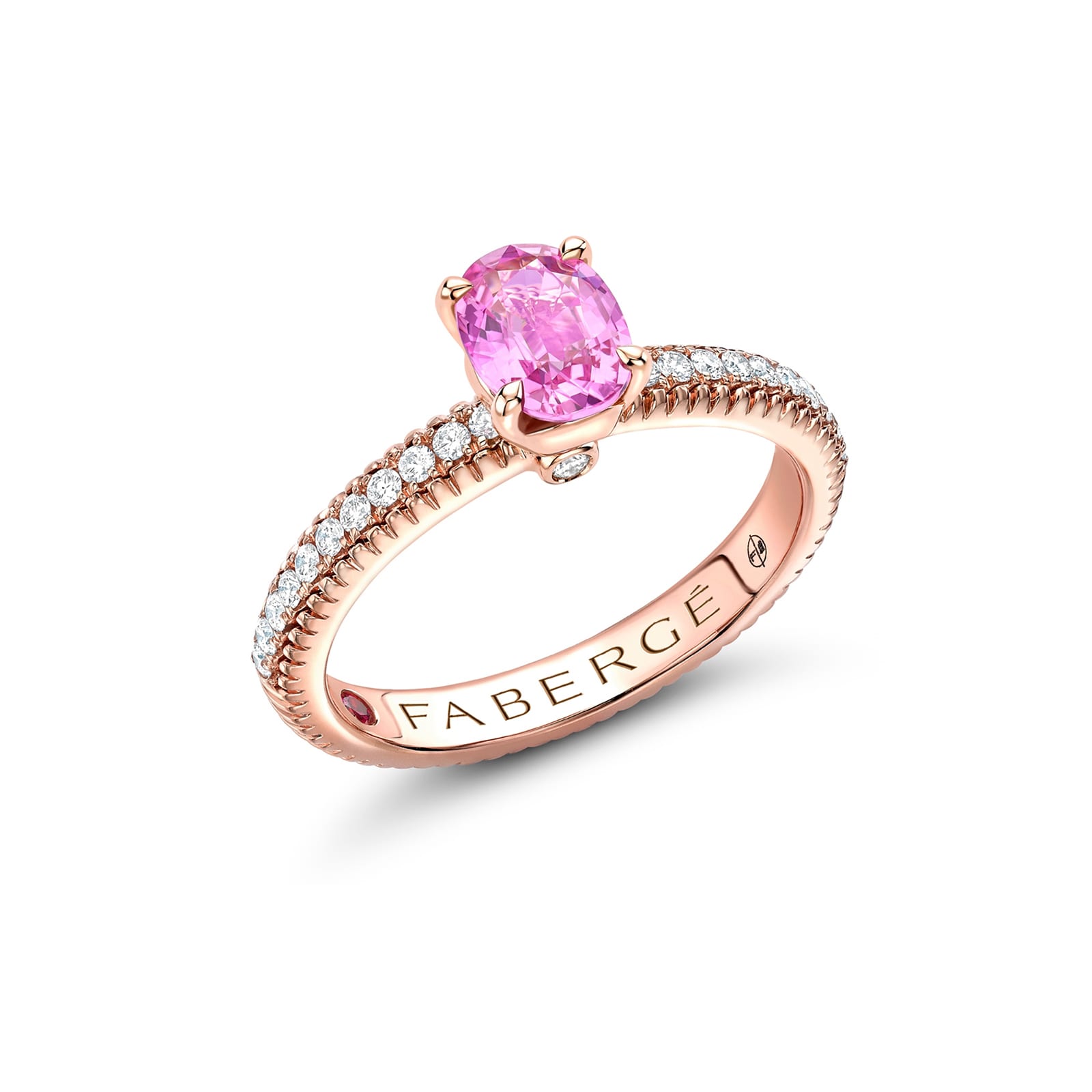 Fabergé Colours of Love 18ct Rose Gold Pink Sapphire Fluted Ring with Diamond Shoulders