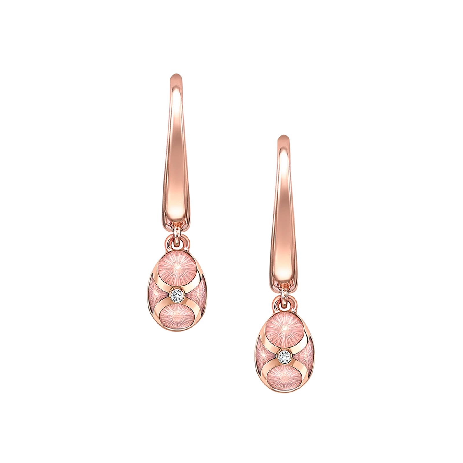 Fabergé Heritage 18ct Rose Gold Diamond & Pink Guilloché Enamel Hoop Drop Earrings