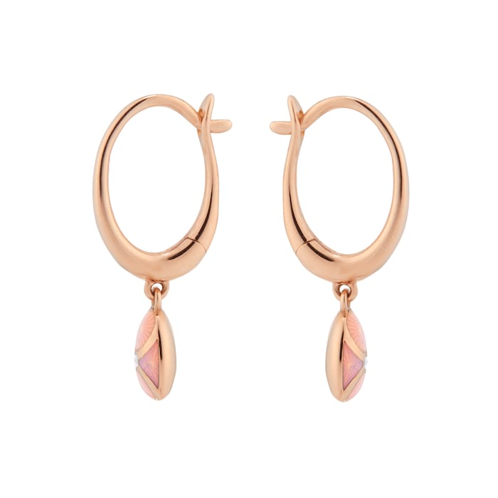 Fabergé Heritage 18ct Rose Gold Diamond & Pink Guilloché Enamel Hoop Drop Earrings