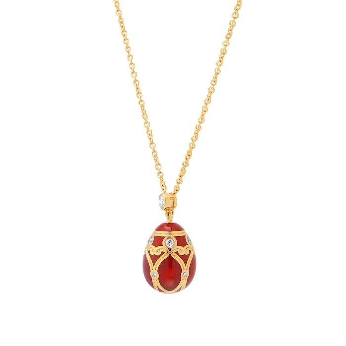 Fabergé Heritage 18ct Yellow Gold Diamond & Red Guilloché Enamel Petit Egg Pendant