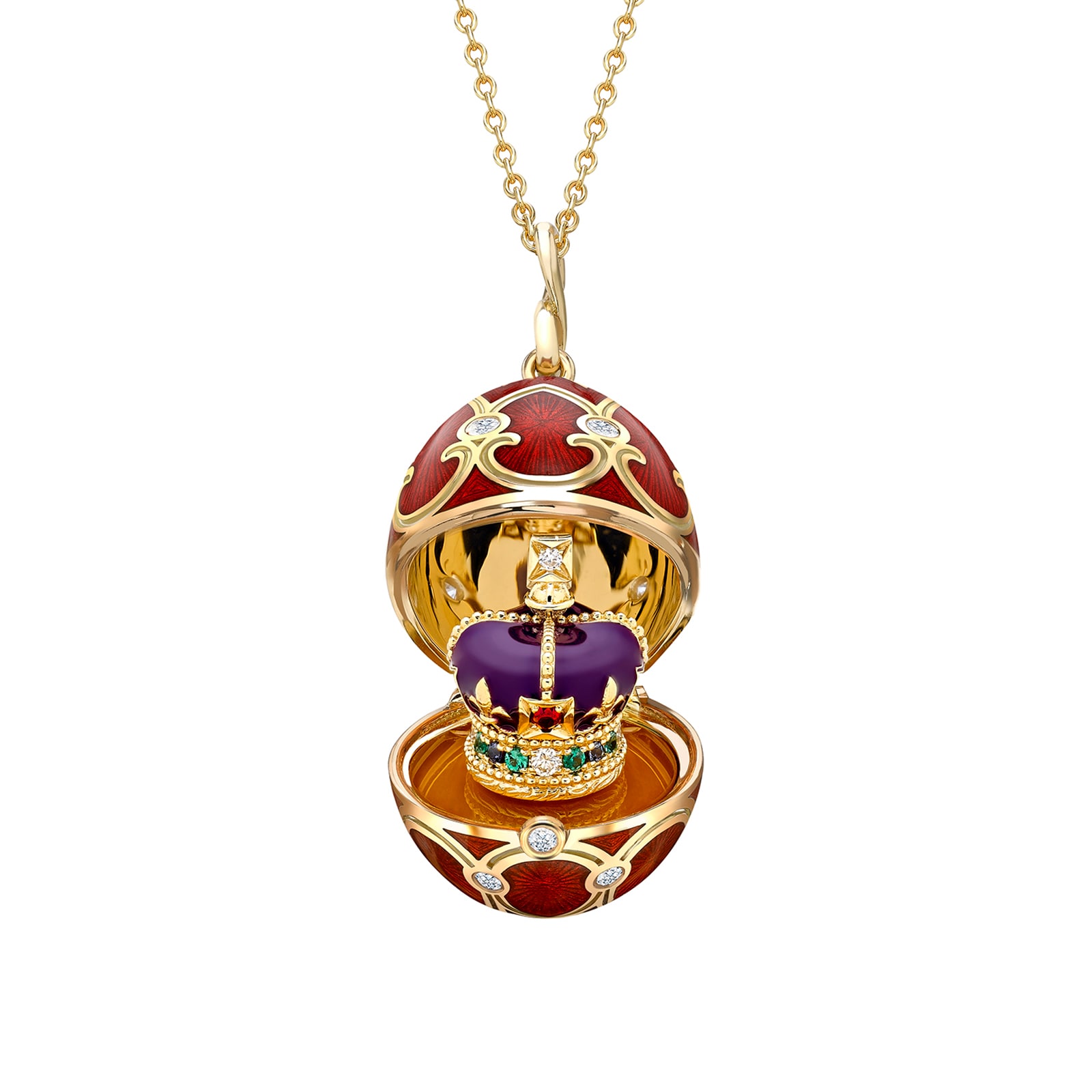 Heritage 18ct Yellow Gold Diamond & Red Guilloché Enamel Coronation Crown Surprise Locket