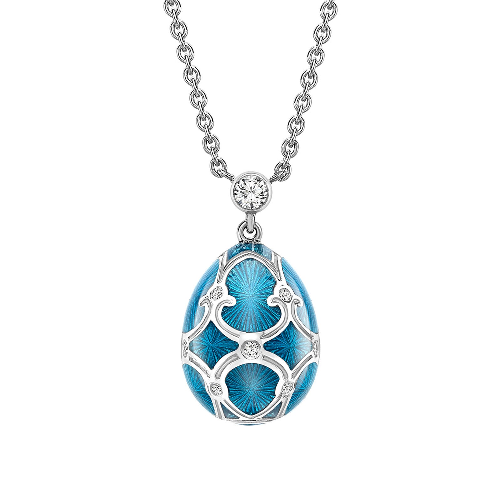 Heritage 18ct White Gold Diamond & Teal Guilloché Enamel Petit Egg Pendant