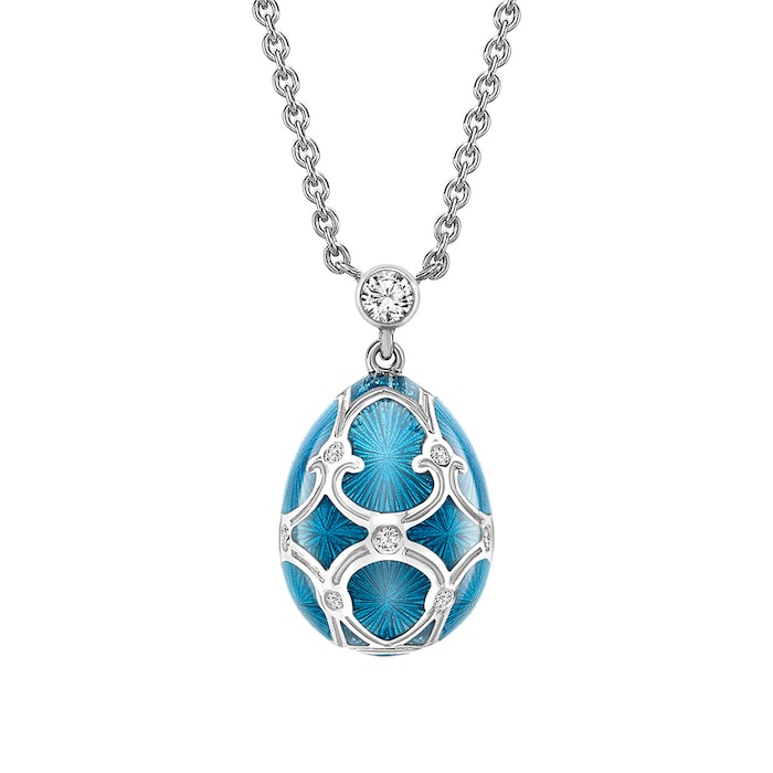 Fabergé Heritage 18ct White Gold Diamond & Teal Guilloché Enamel Petit Egg Pendant