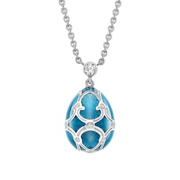 37280252 - Heritage 18ct White Gold Diamond & Teal Guilloché Enamel Petit Egg Pendant