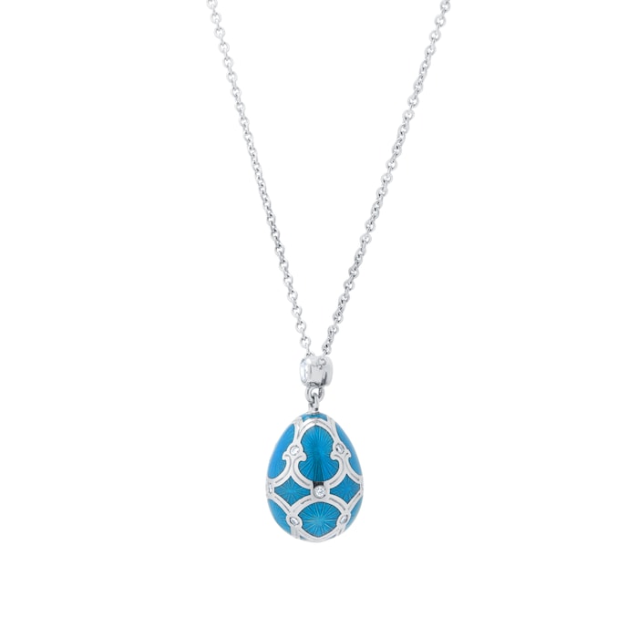 Fabergé Heritage 18ct White Gold Diamond & Teal Guilloché Enamel Petit Egg Pendant