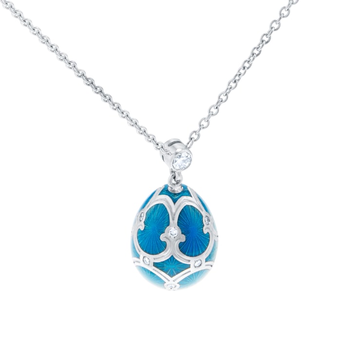 Fabergé Heritage 18ct White Gold Diamond & Teal Guilloché Enamel Petit Egg Pendant