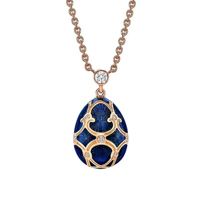 Fabergé Heritage 18ct Rose Gold Diamond & Dark Blue Guilloché Enamel Petit Egg Pendant