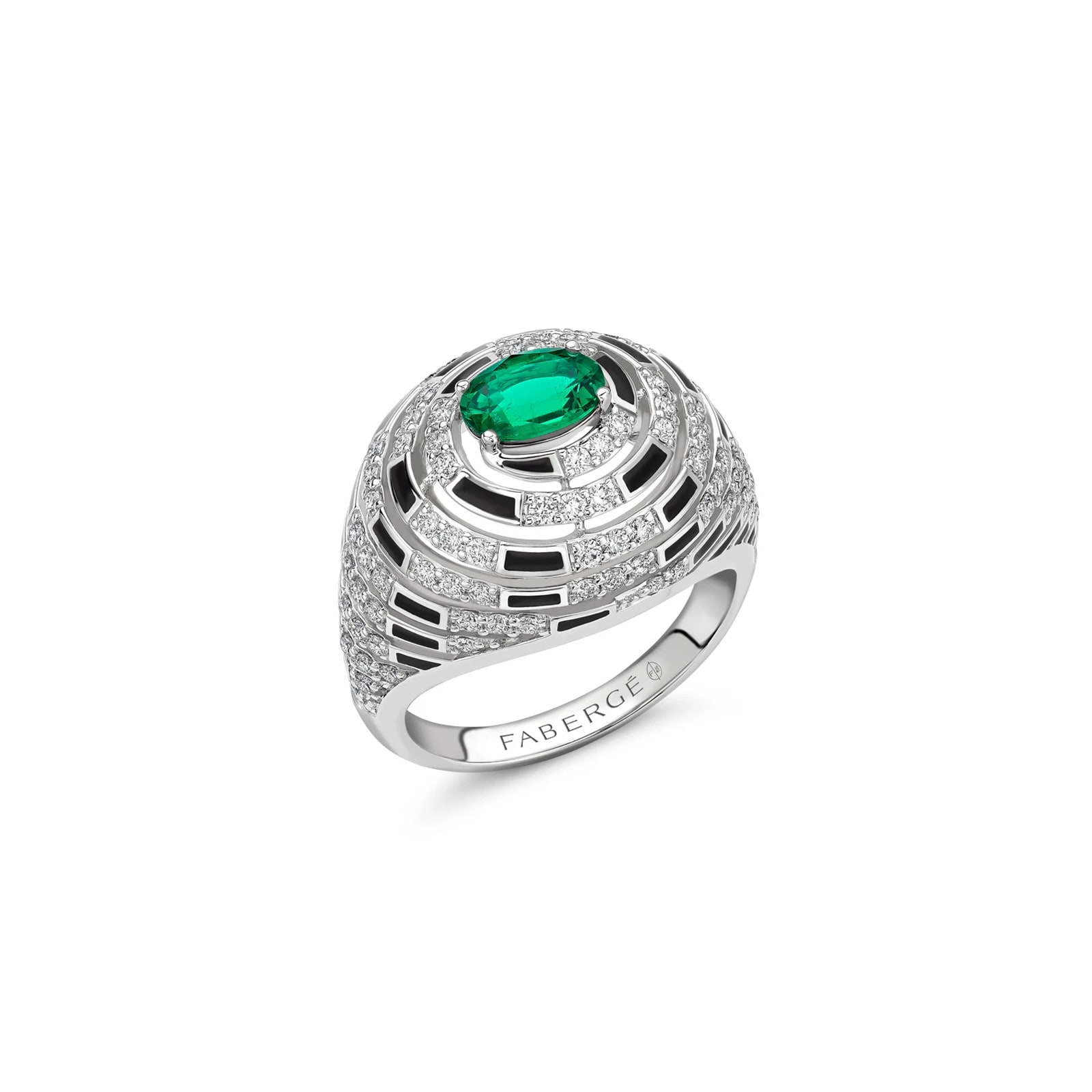 Beetlejuice 18ct White Gold Emerald & Diamond Spiral Bombe Ring - Ring Size Q