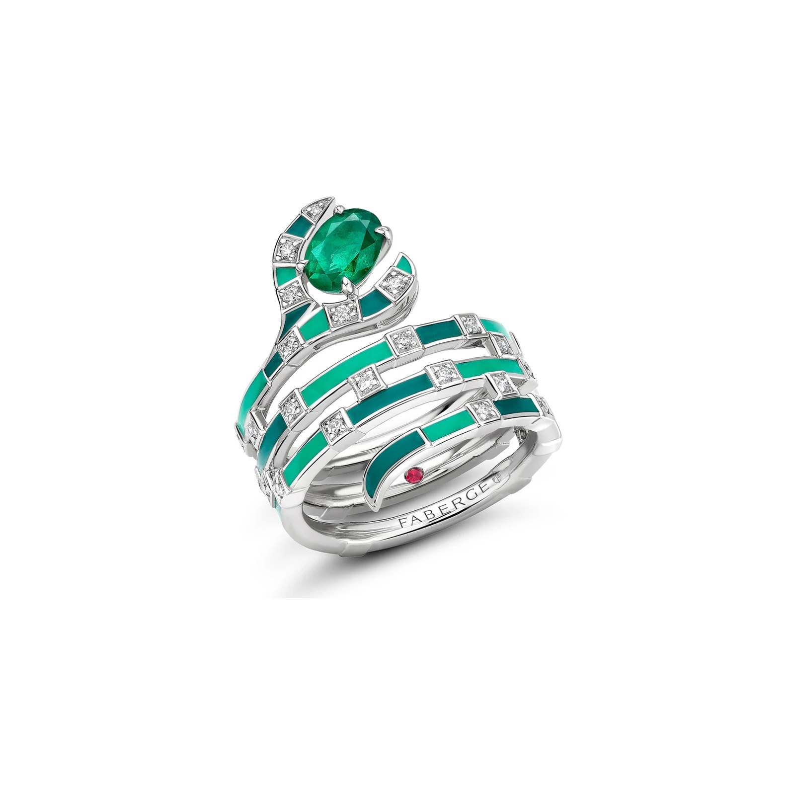 Beetlejuice 18ct White Gold Emerald & Diamond Sandworm Spiral Wrap Ring - Ring Size J