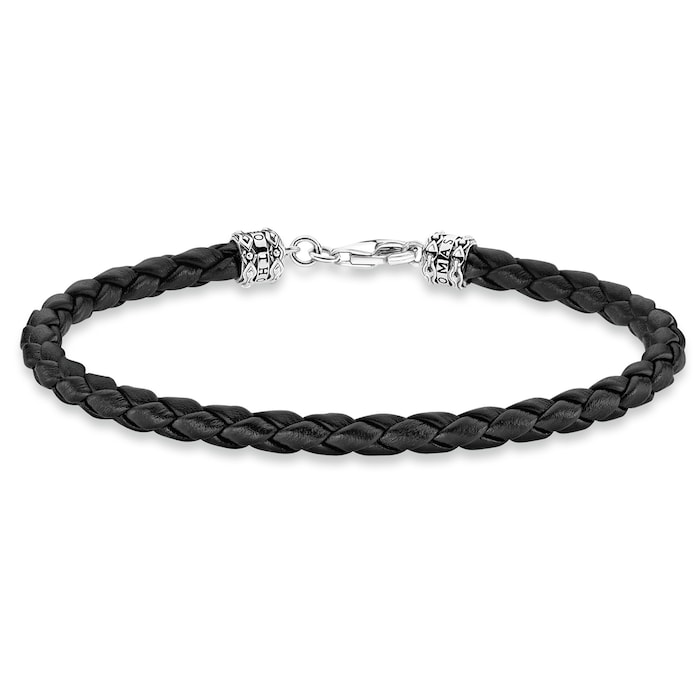 Thomas Sabo Mens Sterling Silver Black Leather 19cm Bracelet