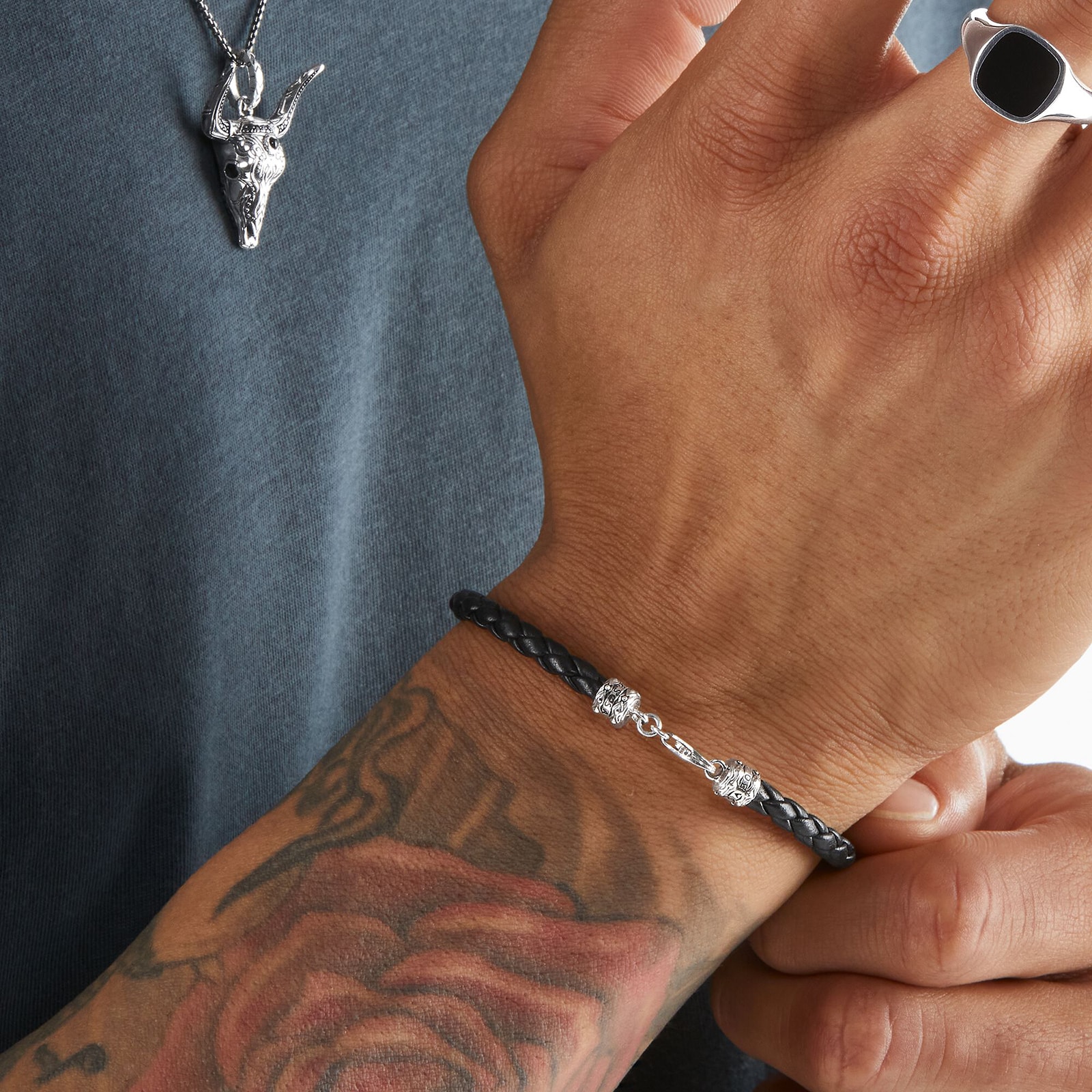 Thomas Sabo Mens Sterling Silver Black Leather 19cm Bracelet