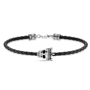 Thomas Sabo Mens Sterling Silver Black Leather Skull King 19cm Bracelet
