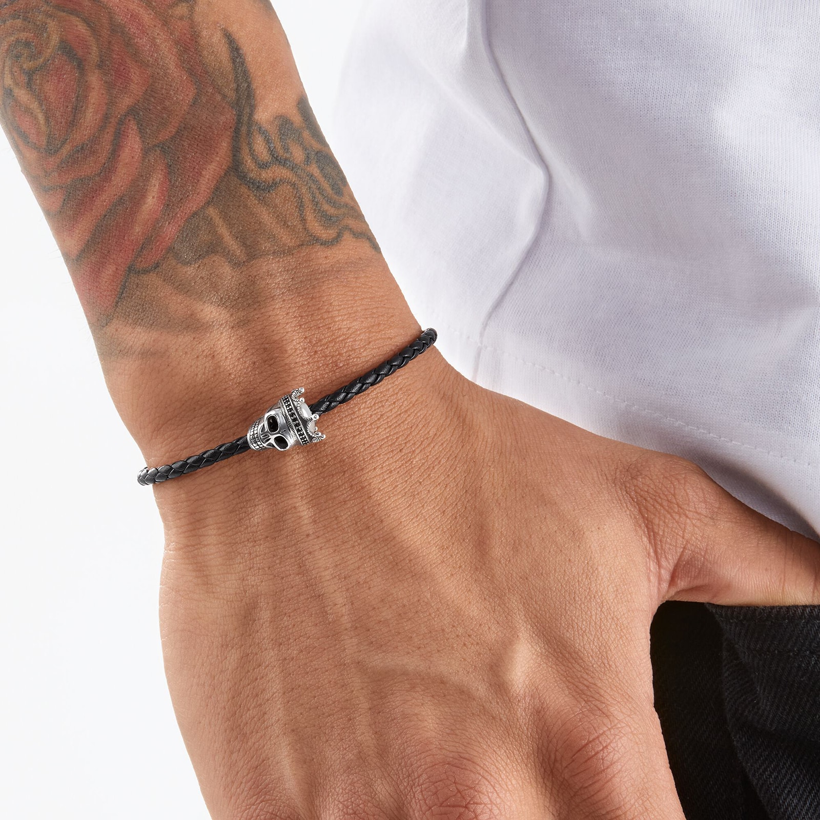 Thomas Sabo Mens Sterling Silver Black Leather Skull King 19cm Bracelet