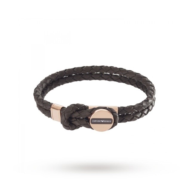 Emporio Armani Leather and Rose Gold Tone Men's Bracelet