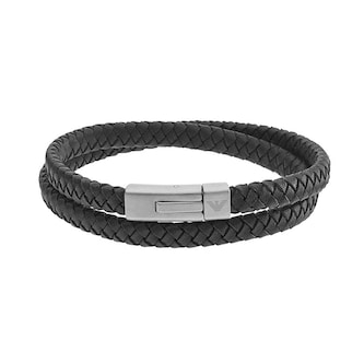 Emporio Armani Mens Double Black Leather and Steel Woven Bracelet