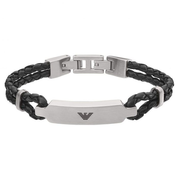 Emporio Armani Mens Stainless Steel Leather ID Bracelet