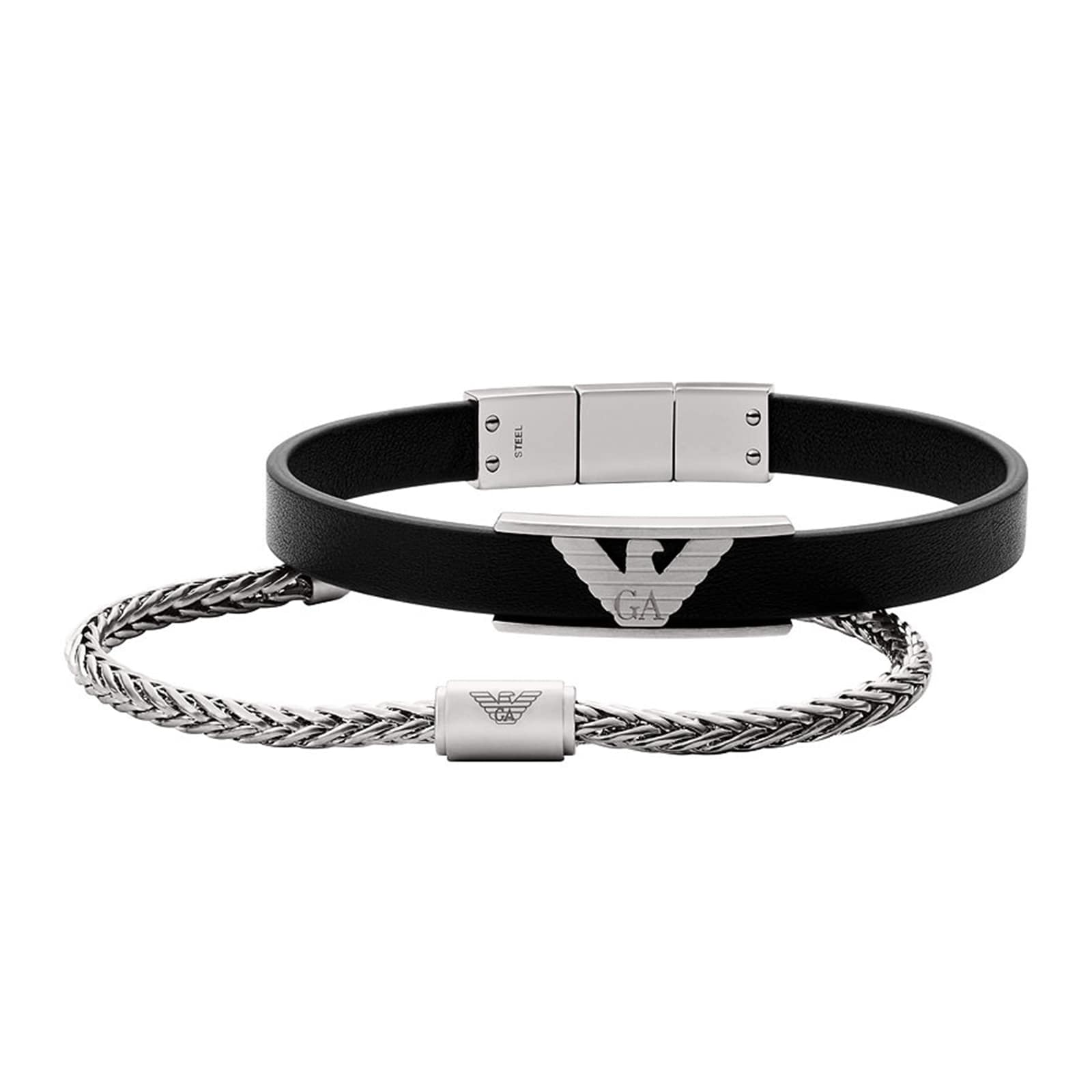 Emporio Armani Mens Stainless Steel Leather Bracelet Set