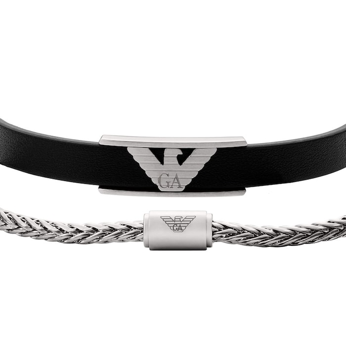 Emporio Armani Mens Stainless Steel & Leather Bracelet Set