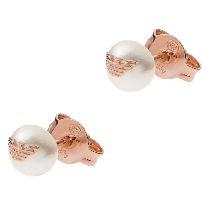 Emporio Armani Rose Gold Coloured Pearl Logo Stud Earrings