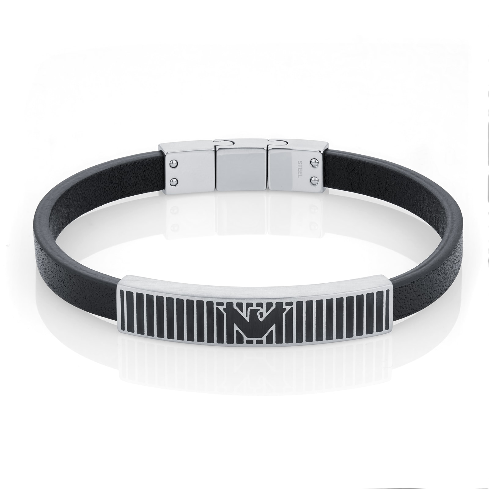 Mens Silver Black Leather logo Bracelet