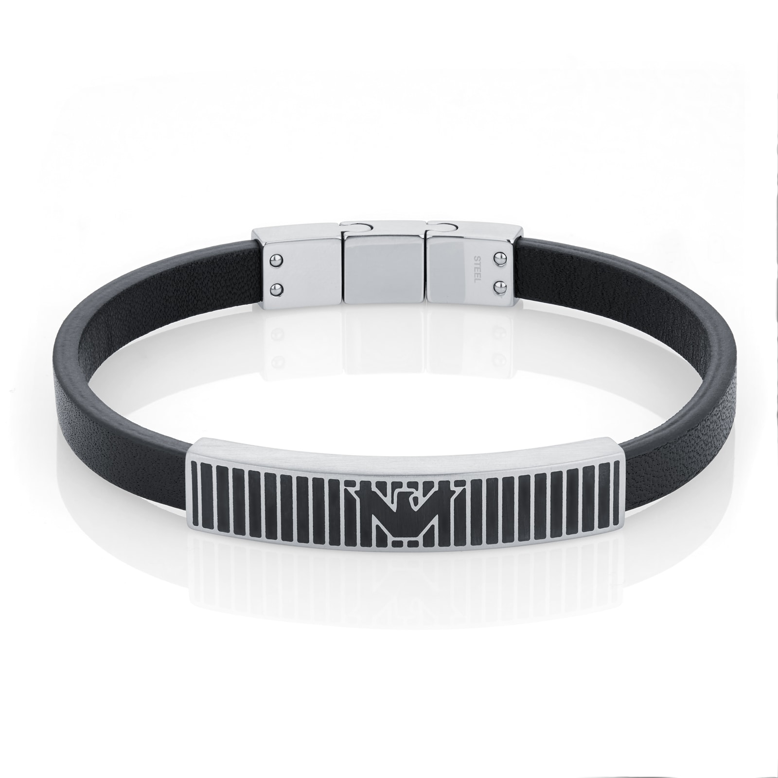 Emporio Armani Mens Silver Black Leather logo Bracelet