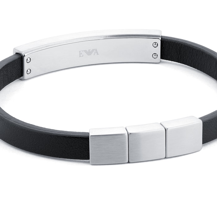 Emporio Armani Mens Silver Black Leather logo Bracelet