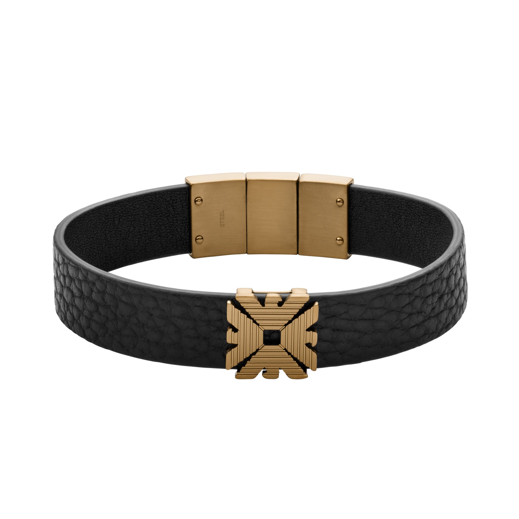 Emporio Armani Mens Antique Yellow Gold Coloured & Black Leather Strap Bracelet