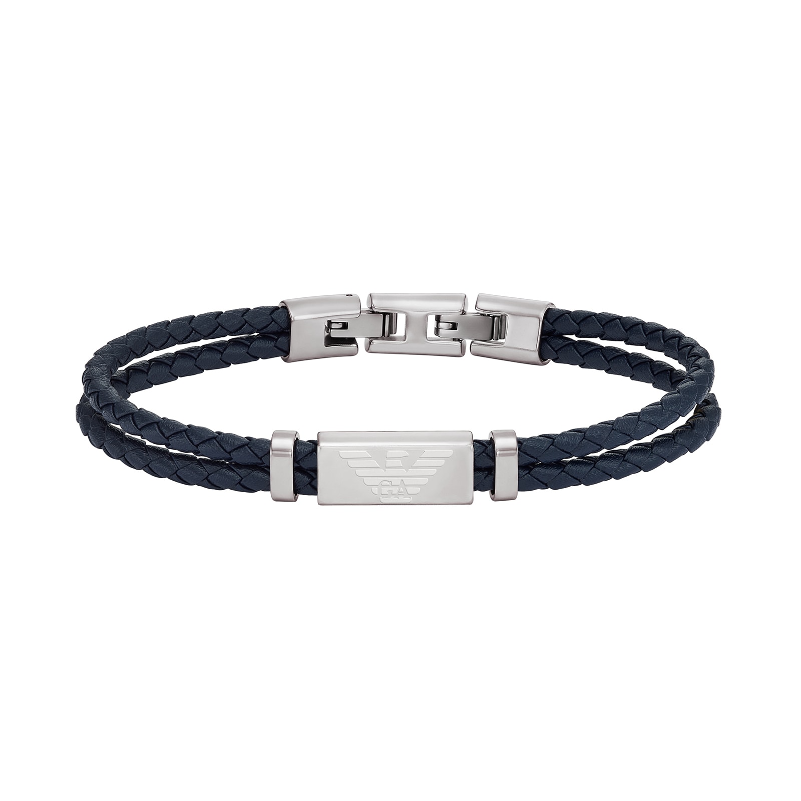 Mens Essentials Stainless Steel & Blue Leather Logo Bracelet